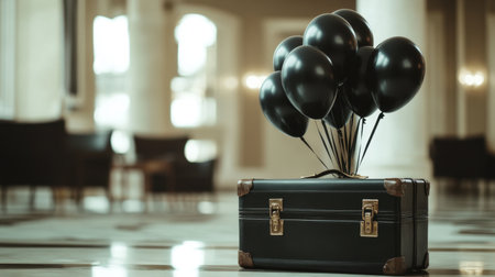 A vintage suitcase adorned with a cluster of black balloons in a sophisticated indoor space, creating an elegant atmosphere perfect for celebrations or artistic concepts.の素材