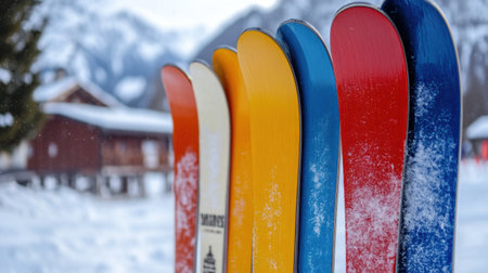 A vibrant collection of colorful skis stands against a snowy mountain backdrop, capturing the essence of winter sports and outdoor adventure in a picturesque setting.の素材
