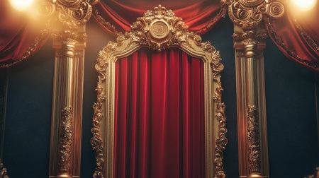 This stunning image showcases an opulent royal throne adorned with rich red drapery and intricate golden accents, creating a dramatic theatrical backdrop.の素材