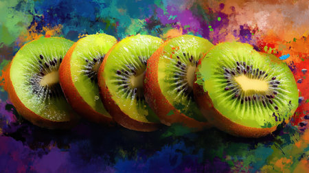 A stunning display of vibrant kiwi slices against a colorful abstract background, showcasing the juicy green texture and natural beauty of this tropical fruit. Perfect for food and health themes.の素材