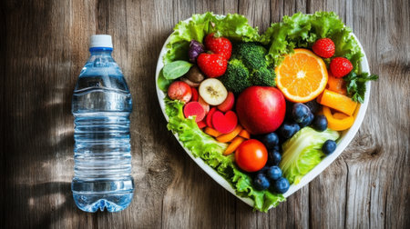 A vibrant heart-shaped bowl filled with fresh fruits and vegetables alongside a bottle of water, symbolizing healthy eating and wellness.の素材