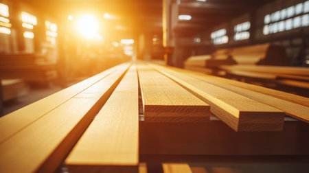 This image showcases a close-up view of wooden planks in an industrial workshop, illuminated by warm sunlight, highlighting the textures and craftsmanship of the material.の素材