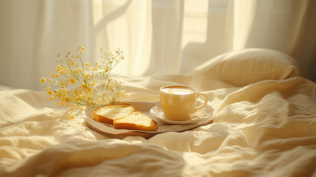 Enjoy a serene breakfast scene featuring a warm cup of coffee, fresh bread, and delicate flowers, all illuminated by soft morning light, evoking comfort.の素材