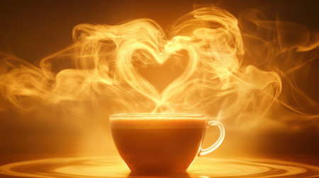 A cozy coffee cup emits heart-shaped steam, creating a warm and inviting atmosphere. Perfect for conveying love, comfort, and relaxation in imagery.の素材
