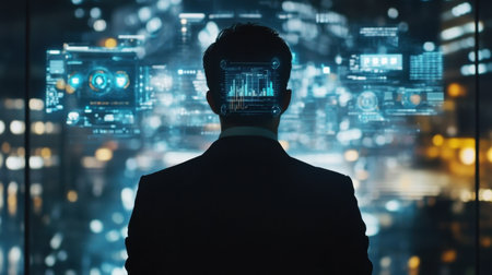 A businessman stands in front of a futuristic digital interface at night, visualizing data and analytics, representing innovation and technology in urban finance.の素材