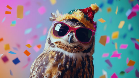 A cheerful owl wearing sunglasses and a festive hat enjoys a lively party atmosphere filled with colorful confetti. Ideal for fun, vibrant themes.の素材