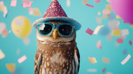 An adorable owl adorned with a sparkling party hat and stylish sunglasses stands out against a vibrant backdrop filled with colorful confetti. Perfect for celebrations.の素材