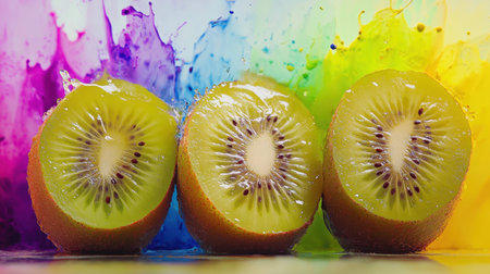 Bright and refreshing kiwi slices showcase their rich green color against an explosion of colorful water. Perfect for healthy lifestyle and vibrant food photography.の素材