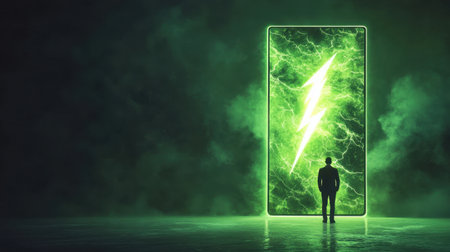 A captivating silhouette stands before a glowing green portal featuring a striking lightning symbol. This atmospheric scene evokes mystery and power, perfect for creative projects.の素材