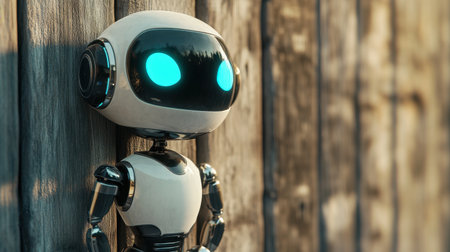 A charming robot with glowing eyes stands against a rustic wooden background. This adorable character represents innovation and creativity in technology design.の素材