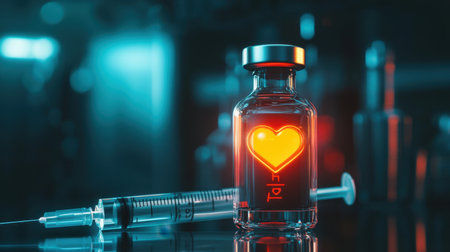 A striking glass bottle featuring a glowing heart symbol against a syringe backdrop, representing themes of love, health, and innovative medical treatments.の素材