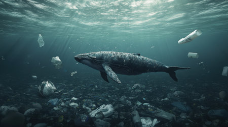 A humpback whale gracefully swims through an ocean filled with plastic waste, highlighting the urgent environmental crisis and the impact of pollution on marine life.の素材