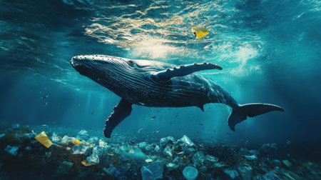 A magnificent whale glides gracefully through polluted waters, highlighting the alarming impact of plastic waste on marine life and ecosystems.の素材