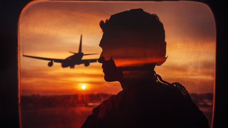 A captivating silhouette of a person watching an airplane take off against a stunning sunset backdrop. The vibrant colors enhance the feeling of travel and adventure.の素材