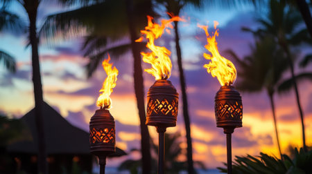 A stunning tropical sunset features flaming torches, silhouetted palm trees, and vibrant colors in the sky, creating an inviting and peaceful atmosphere.の素材