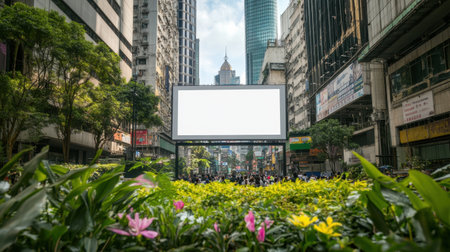 A captivating urban street scene featuring an empty billboard surrounded by lush greenery and colorful flowers, set against a bustling city skyline.の素材