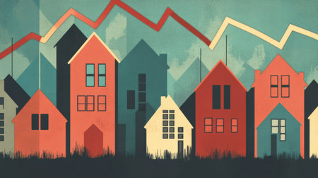 A vibrant illustration featuring abstract houses amid a rising financial chart. The design reflects themes of growth, community, and real estate investment in a colorful style.の素材