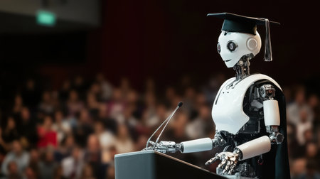 A robot speaker in a graduation cap and gown addresses the audience at a ceremony. This futuristic scene illustrates the intersection of technology and education, showcasing innovation.の素材