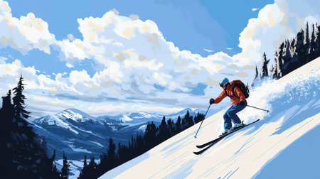 An exhilarated skier elegantly navigating a snowy mountain slope under a vivid blue sky. The scene captures the thrill of winter sports surrounded by stunning landscapes.の素材