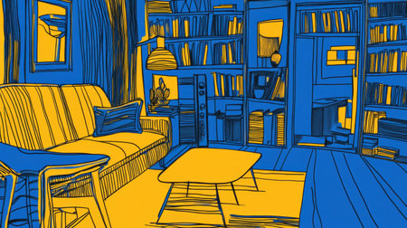 This vibrant interior illustration showcases a cozy living room in bold yellow and blue tones, featuring stylish furniture, a bookshelf, and warm ambiance.の素材