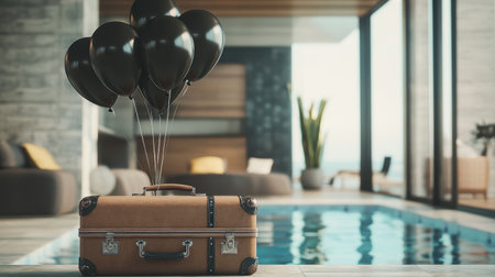 A vintage suitcase rests on the floor, adorned with floating balloons, beside an indoor pool. The scene evokes a sense of relaxation, adventure, and celebration.の素材