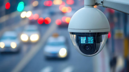 A surveillance camera captures the bustling activity of an urban intersection at night, highlighting the importance of safety and monitoring in city environments.の素材