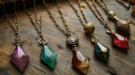 A captivating display of elegant vintage necklaces featuring various gemstones, skillfully arranged on a rustic wooden background, highlighting their unique beauty.の素材
