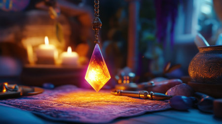 A mesmerizing crystal pendant radiates warm light, casting enchanting reflections on a textured surface amidst soft candlelight, evoking tranquility and mystique.の素材