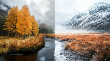 Captivating autumn landscape featuring golden trees beside a serene river, paired with a majestic snowy mountain under cloudy skies, showcasing nature's beauty.の素材