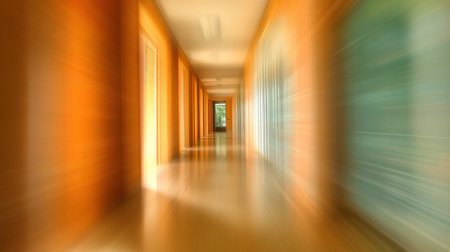 A captivating blurred view of a corridor showcasing warm orange tones and soft light. This image evokes tranquility and invites exploration through its vibrant and minimalistic design.の素材