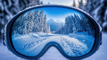 A breathtaking winter landscape is reflected in ski goggles, showcasing a scenic snowy path framed by tall trees and majestic mountains in the background.の素材