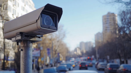 A close-up of a modern surveillance camera mounted on a pole, observing a bustling urban street filled with cars and buildings in the backdrop, symbolizing safety and technology.の素材