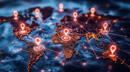 An abstract world map featuring digital location pins representing connectivity and navigation in a modern, tech-inspired design. Ideal for various themes.の素材