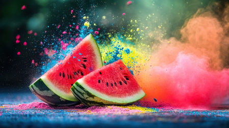 Two juicy watermelon slices are dramatically enhanced with a burst of colorful powder, creating an artistic and energetic scene perfect for summer themes.の素材