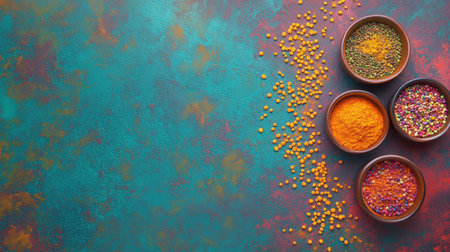 A vibrant arrangement of colorful spice bowls on a textured background, showcasing an array of spices. Perfect for culinary and kitchen themes.の素材