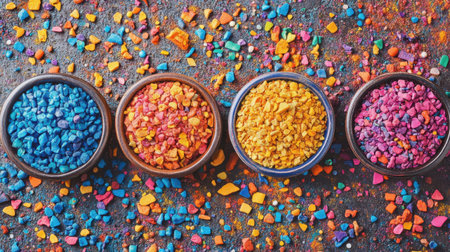 A captivating display of colorful decorative granules in four bowls, featuring vibrant shades of blue, orange, yellow, and pink scattered on a textured surface, perfect for creative projects.の素材