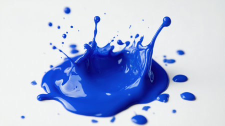 A striking image of vibrant blue paint splashing on a clean white surface, showcasing dynamic droplets and fluid movement, ideal for creative projects.の素材