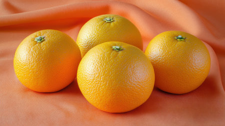 Four fresh and ripe oranges are artistically arranged on a vibrant orange fabric background, creating a visually appealing still life composition.の素材