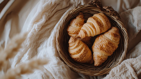 A beautifully arranged basket of freshly baked croissants, showcasing their golden layers and flaky texture, perfect for breakfast or brunch moments.の素材