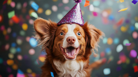 A cheerful dog wearing a sparkling party hat enjoys a fun celebration amidst colorful confetti, capturing the joy of festive moments and playful spirit.の素材
