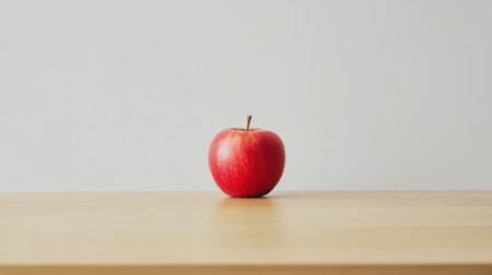 A vibrant red apple rests elegantly on a wooden table, showcasing its glossy surface and rich color against a minimal background. Perfect for health and nutrition themes.の素材