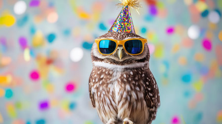 A whimsical owl dons a sparkling party hat and colorful sunglasses, capturing the essence of celebration and joy amidst a vibrant confetti backdrop. Perfect for festive themes!の素材