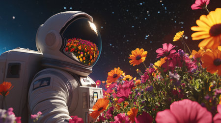 An astronaut stands among vibrant flowers under a starry sky, capturing a blend of nature and space exploration, symbolizing creativity and imagination.の素材