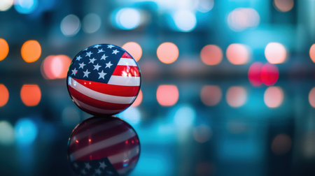 A vibrant American flag balloon rests on a reflective surface, surrounded by enchanting bokeh lights. The colorful design represents patriotism and celebration.の素材
