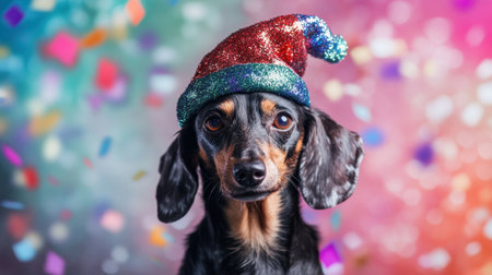 Adorable dog wearing a colorful party hat poses against a vibrant confetti backdrop, capturing the essence of celebration and joy in a fun atmosphere.の素材