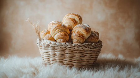 A charming arrangement of freshly baked croissants in a woven basket on a soft background, highlighting their flaky texture and golden hue, perfect for breakfast settings.の素材