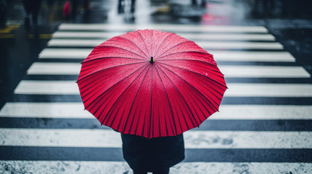 A vibrant red umbrella stands out against a wet city street, capturing the essence of urban life during rain. Pedestrians navigate the reflective crossing in this atmospheric scene.の素材