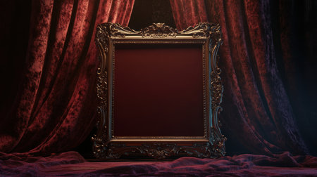 This exquisite empty frame is set against rich velvet curtains, creating a luxurious atmosphere perfect for artistic display or elegant presentations.の素材