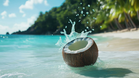 A refreshing coconut rests on the sandy beach, splashing water against a vibrant tropical backdrop. Perfect for evoking summer vibes and beach relaxation.の素材
