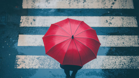 A top view of a person holding a vibrant red umbrella while standing on a wet crosswalk. The urban scene captures the essence of a rainy day, highlighting the contrast between the colorful umbrella and the muted surroundings.の素材